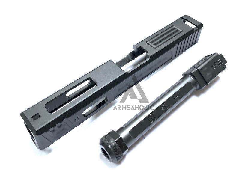 Load image into Gallery viewer, Guns Modify SA Aluminum CNC Slide & Stainless 4 fluted Threaded black barrel Set for Marui G17/22